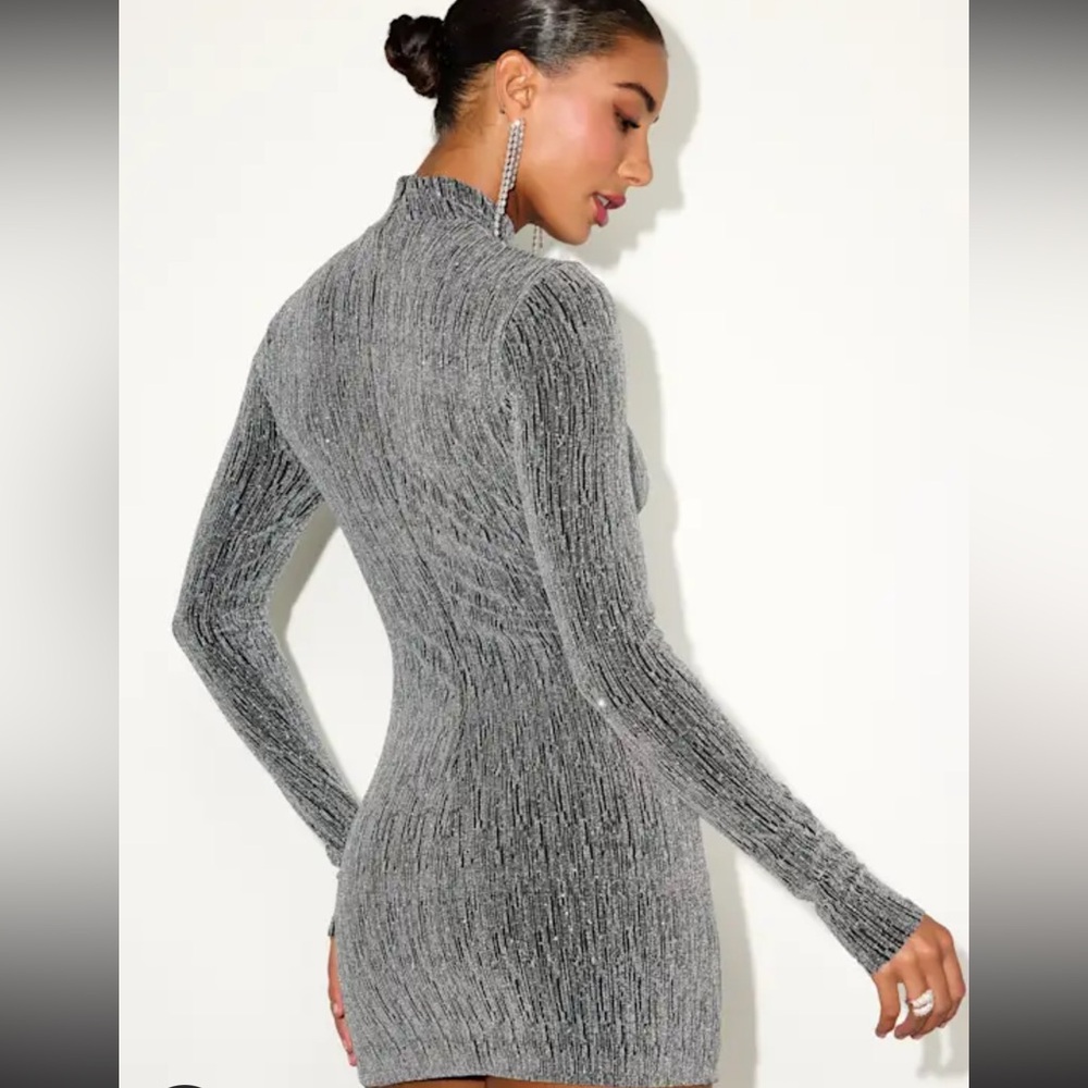 Lulu's Metallic Gray Long-Sleeve Dress